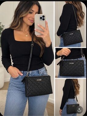 GUESS Black Quilted Logo Crossbody Bag with Silver Hardware/ brand new
